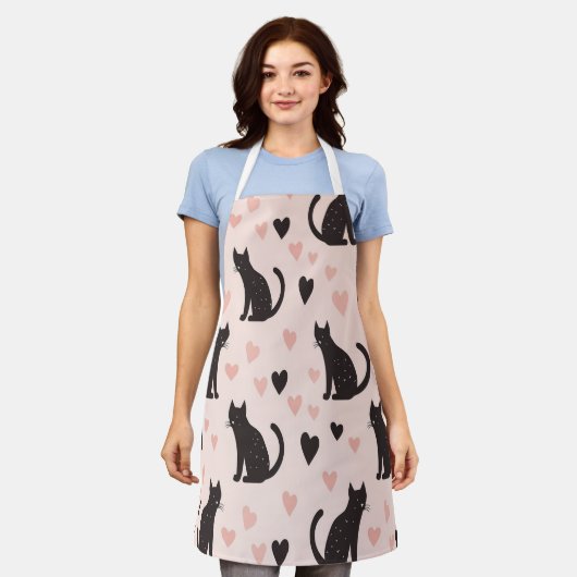 Schattige Zwart Kattenpatroon Schort - Harten & Wh (Gedragen)