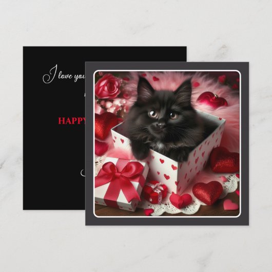 Schattige Zwart Kitten in Box Grappige Valentijn Feestdagenkaart (Voorkant / Achterkant)
