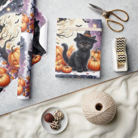 Schattige zwart kitty kat halloween inpakpapier (Crafts)