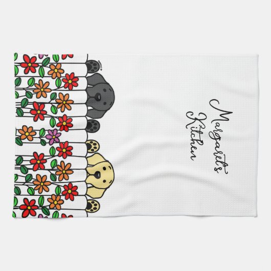 Schattige zwart lab geel lab kijken theedoek (Horizontaal)