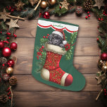 Schattige zwart labrador retriever puppy gluren grote kerstsok<br><div class="desc">Deze Holiday kous heeft een afbeelding van een schattige zwarte Labrador Retriever puppy met een kerstmuts en gluren uit een rode kous. Het afbeelding wordt omringd door holle, rode bessen en poinsettia bloeit, en is geplaatst op een kerstgroene achtergrond. Een wit geschulpte randontwerp met rode rand houdt uw aangepaste naam...</div>
