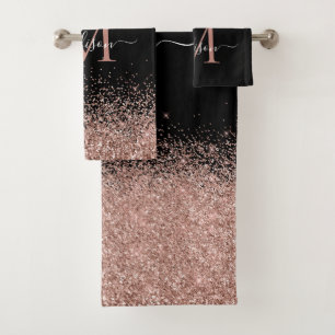 Schattige Zwart Roze Rose Goud Glitter Border Mono Bad Handdoek