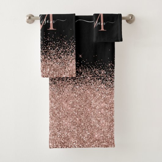 Schattige Zwart Roze Rose Goud Glitter Border Mono Bad Handdoek (Insitu)