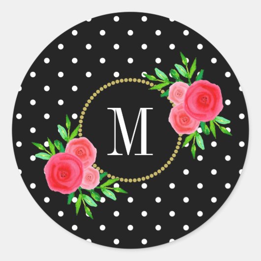 Schattige Zwart Stip Rode Waterverf Bloemen Monogr Ronde Sticker (Voorkant)