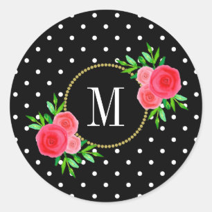 Schattige Zwart Stip Rode Waterverf Bloemen Monogr Ronde Sticker