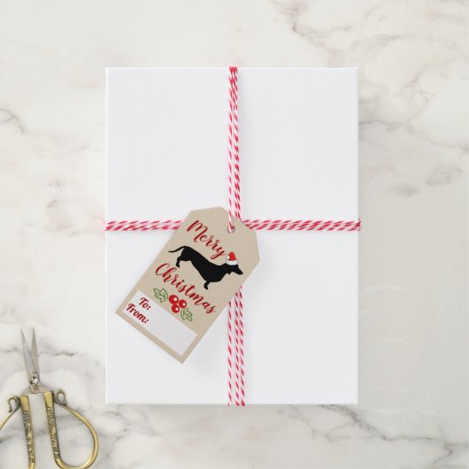 Schattige zwart teckel & kerstmuts cadeaulabel (Met Touw)