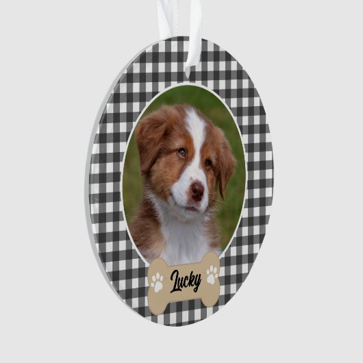Schattige Zwart Wit Buffalo Plaid Custom Dog Foto Ornament (voorkant)