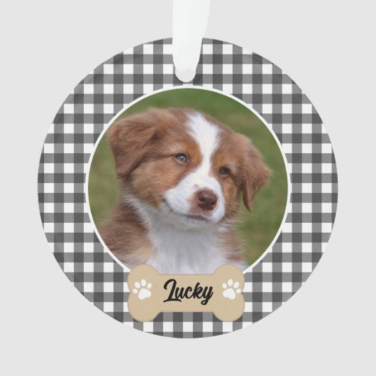 Schattige Zwart Wit Buffalo Plaid Custom Dog Foto Ornament (voorkant)