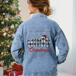 Schattige Zwart & Wit Buffel Plaid Vrolijk Kerstfe Denim Jacket