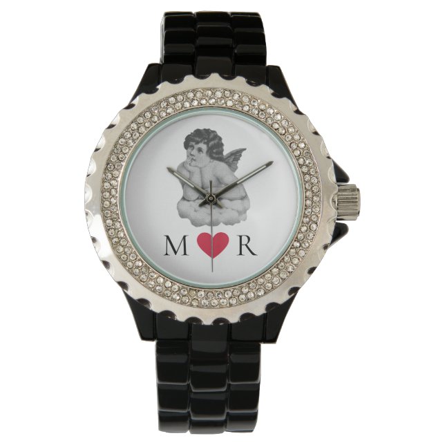 Schattige  Zwart Wit Cherub Angel Partner Horloge (Voorkant)