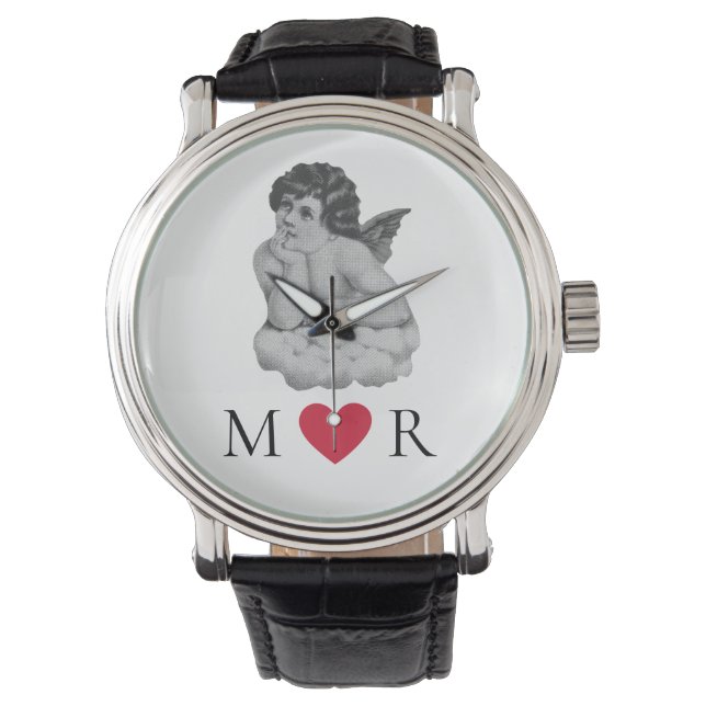 Schattige  Zwart Wit Cherub Angel Partner Horloge (Voorkant)