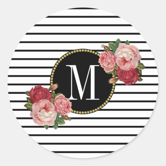 Schattige zwart wit gestreept modern bloemmonogram ronde sticker (Voorkant)