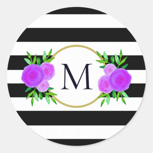 Schattige Zwart Wit Gestreept Paarse Bloemen Monog Ronde Sticker (Voorkant)