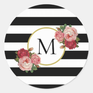 Schattige Zwart Wit Gestreept Retro Bloemen Monogr Ronde Sticker
