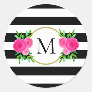 Schattige Zwart Wit Gestreept Roze Bloemen Monogra Ronde Sticker