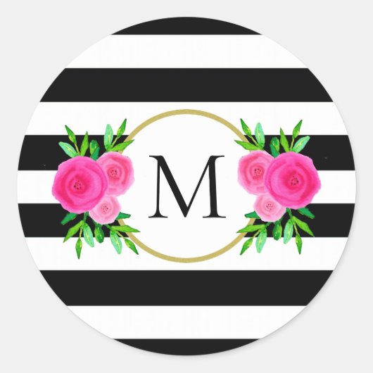 Schattige Zwart Wit Gestreept Roze Bloemen Monogra Ronde Sticker (Voorkant)