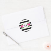 Schattige Zwart Wit Gestreept Roze Bloemen Monogra Ronde Sticker (Envelop)