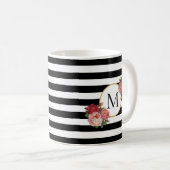 Schattige Zwart Wit Gestreepte Rozen Monogram Koffiemok (Voorkant rechts)