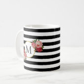 Schattige Zwart Wit Gestreepte Rozen Monogram Koffiemok (Voorkant links)