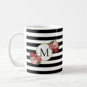 Schattige Zwart Wit Gestreepte  Rozen Monogram Koffiemok