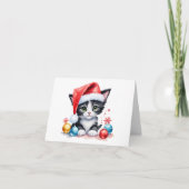 Schattige Zwart & Wit Kitten in Santa Hat Kerst Kaart (Voorkant)