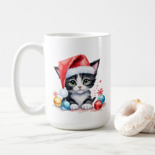 Schattige Zwart & Wit Kitten in Santa Hat Kerst Koffiemok