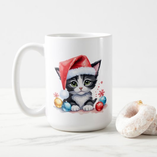 Schattige Zwart & Wit Kitten in Santa Hat Kerst Koffiemok (Met donut)