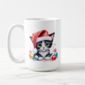 Schattige Zwart & Wit Kitten in Santa Hat Kerst Koffiemok (Links)