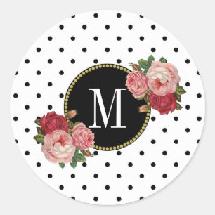Schattige Zwart Wit Stippen  Bloemen Goud Monogram Ronde Sticker