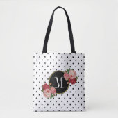Schattige Zwart Wit Stippen  Bloemen Monogram Tote Bag (Voorkant)