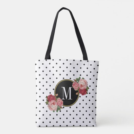 Schattige Zwart Wit Stippen  Bloemen Monogram Tote Bag (Achterkant)