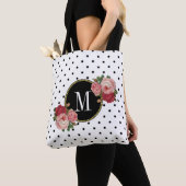 Schattige Zwart Wit Stippen Bloemen Monogram Tote Bag (Dichtbij)