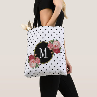 Schattige Zwart Wit Stippen  Bloemen Monogram Tote Bag