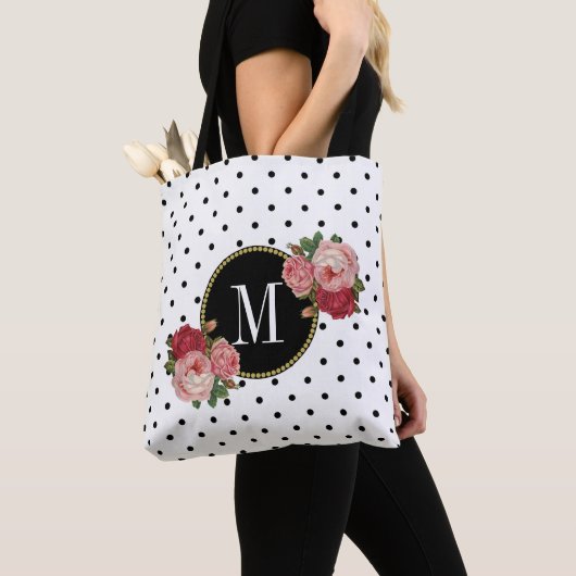 Schattige Zwart Wit Stippen  Bloemen Monogram Tote Bag (Dichtbij)