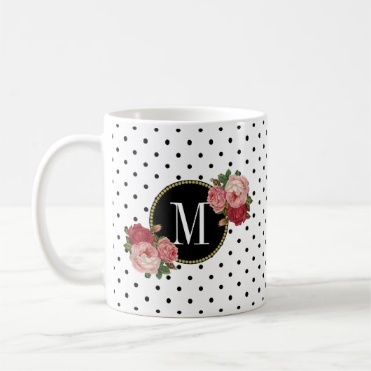 Schattige Zwart Wit Stippen  Rozen Goud Monogram Koffiemok (Links)