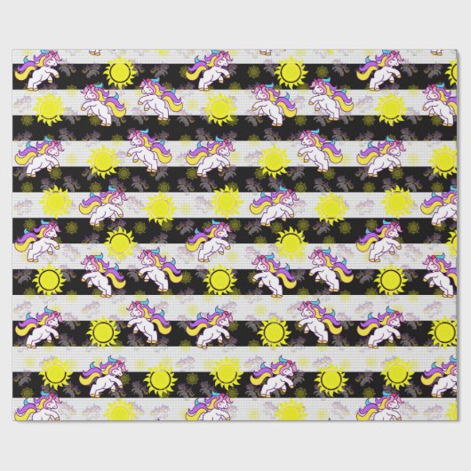 Schattige Zwart Wit Zonnig Eenhoorn Stripes Design Cadeaupapier (Vlak)