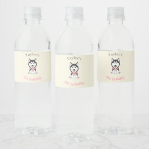 Schattige zwart-witte husky hond waterfles etiket