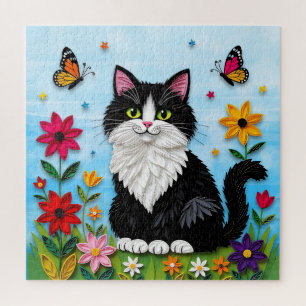 Schattige zwart-witte kat, bloemen en vlinders legpuzzel