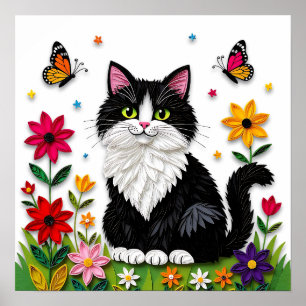 Schattige zwart-witte kat, bloemen en vlinders poster