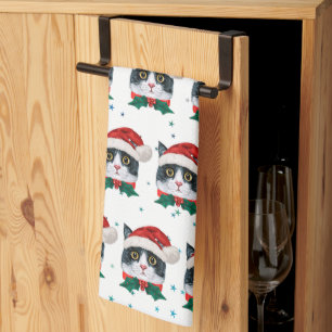 Schattige Zwart-Witte Kat Met Kerstman Hoed Kerstm Theedoek