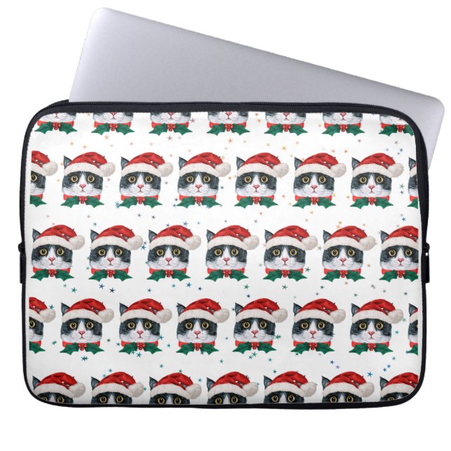 Schattige zwart-witte kat met kerstmuts Kerstmis Laptop Sleeve (Voorkant)