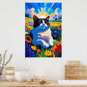 Schattige zwart-witte kat rustend in zonnige weide poster (Keuken)