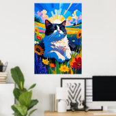 Schattige zwart-witte kat rustend in zonnige weide poster (Thuiskantoor)