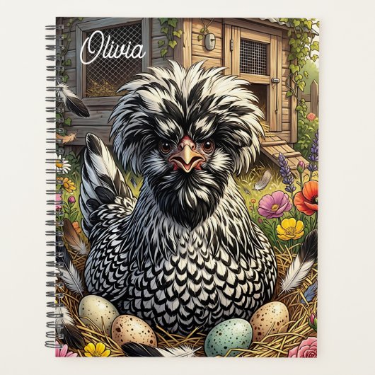 Schattige zwart-witte Poolse kip gepersonaliseerd Planner (Voorkant)