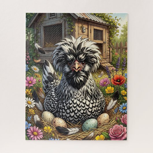 Schattige zwart-witte Poolse kip Legpuzzel (Verticaal)