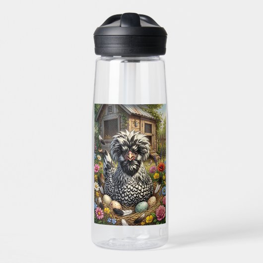 Schattige zwart-witte Poolse kip Waterfles (Voorkant)