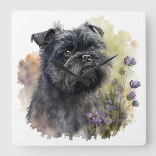 SCHATTIGE ZWARTE AFFENPINSCHER HOND MET BLOEMEN VIERKANTE KLOK