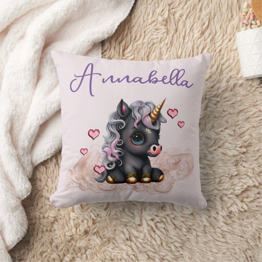 Schattige Zwarte Baby Eenhoorn en Hartjes Kussen (Deken)