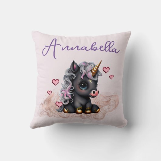 Schattige Zwarte Baby Eenhoorn en Hartjes Kussen (Achterkant)