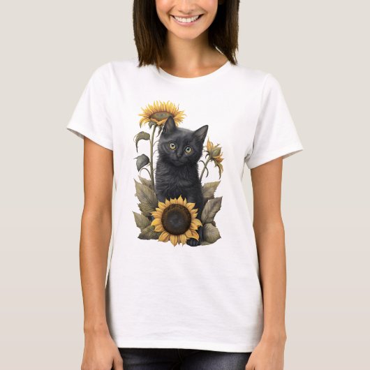 SCHATTIGE ZWARTE BOMBAY KITTEN MET ZONLOWERS T-SHIRT (Voorkant)